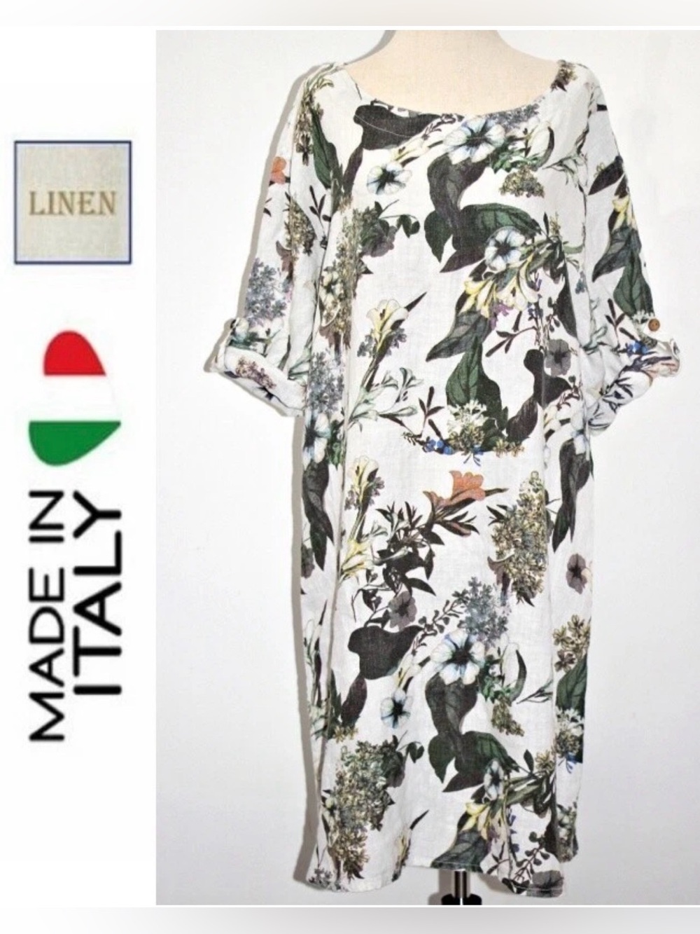 Linen Floral Midi Dress in White with Green Print